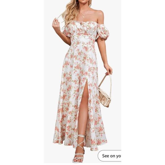 NEW Puff Sleeve Floral Split Maxi Dress Flowy A Line XL - Picture 1 of 7